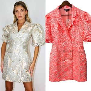 Missguided Pink Brocade Puff sleeve coat dress Size US 6/ NWT